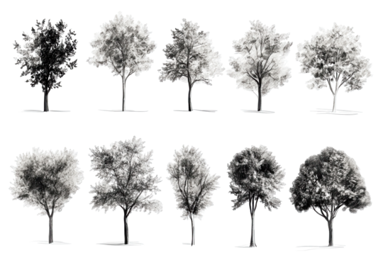 Modern tree sketches featuring various styles and shapes isolated on a white background showcasing artistic diversity and design inspiration