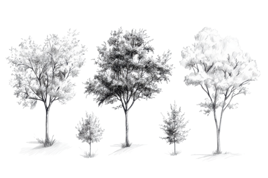 Modern tree sketches showcasing various styles and details of tree forms with different leaf densities and sizes isolated on a white background
