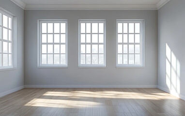 Fototapeta premium 3D rendering of an empty room with three white windows and light gray walls, and a wooden floor. Bright daylight is coming through the windows.