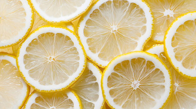 An ultra-HD photo of several thin slices of fresh lemon arranged in a scattered pattern.