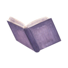 Watercolor illustration of open book isolated. Hand drawn old textbook with purple cover. Education, knowledge for all concept. Clipart of item from antique library, school supplies in sketch style.