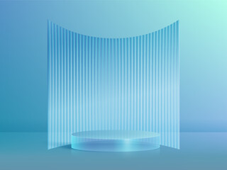 3D glass transparent crystal. Empty cylindrical pedestal. 3D cylinder and cube glass platforms set background. Vector realistic illustration of transparent plastic round and square p
