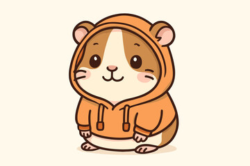 Kawaii guinea pig character in a cozy orange hoodie. Adorable pet cavy mascot illustration for kids. Cute animal fashion concept vector graphic for print or sticker design.