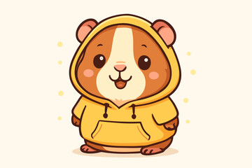 Cute guinea pig in yellow hoodie. Kawaii cartoon animal character vector illustration. Adorable rodent pet fashion concept. Mascot for pet shop or kids brand. Funny cavy graphic.