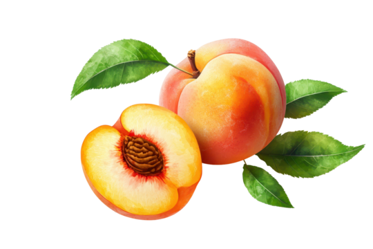 Freshly harvested peach fruit featuring whole peach and half slice with vibrant green leaves arranged artfully