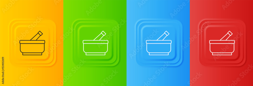 Poster white mortar and pestle icon isolated on colorful background. set icons in square buttons. vector