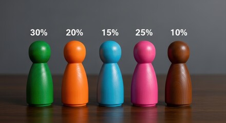 Colorful wooden peg dolls representing data distribution and percentage share