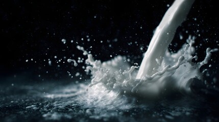 Pouring stream of milk in sharp focus against a dark backdrop