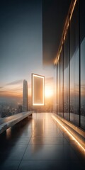 Obraz premium Modern Office Blank Poster City View Sunset Terrace Minimalist Design Corporate Con