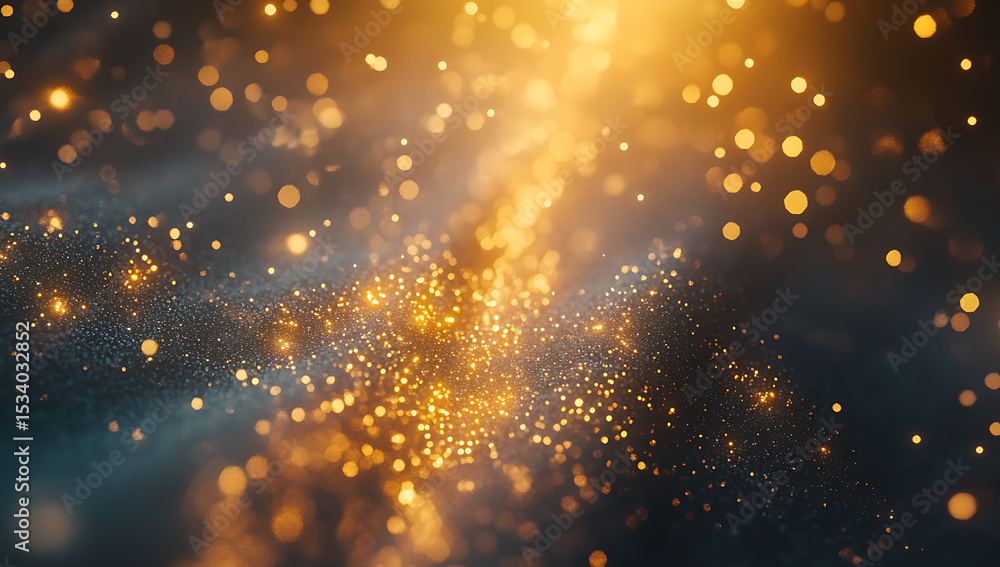 Poster 3d rendering of golden light rays shining down on a dark background. abstract background with glitte