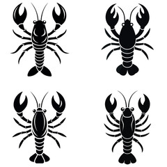 Four Black and White Lobster Illustrations, Seafood, Crustacean Elements