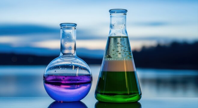 Laboratory flasks with colorful chemical liquids set outdoors for environmental research
