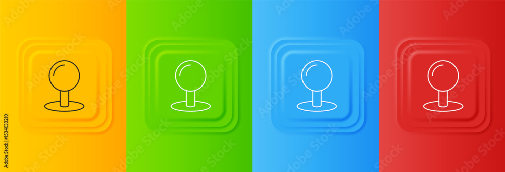 Poster white push pin icon isolated on colorful background. thumbtacks sign. set icons in square buttons. v