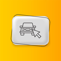 Black Online car sharing icon isolated on yellow background. Online rental car service. Online booking design concept for laptop. Silver rectangle button. Vector
