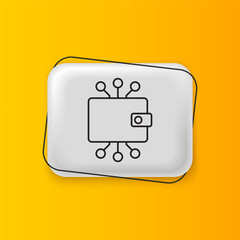 Black Cryptocurrency wallet icon isolated on yellow background. Wallet and bitcoin sign. Mining concept. Money, payment, cash, pay icon. Silver rectangle button. Vector