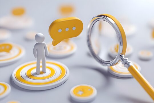 Magnifying glass focusing on person icon with speech bubble, symbolizing voice of customer/ employee/ society, complaint identification, or targeted need recognition.