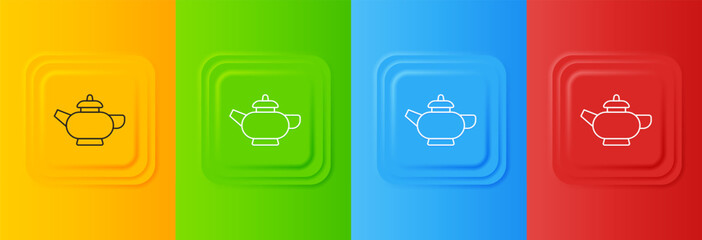 White Traditional Chinese tea ceremony icon isolated on colorful background. Teapot with cup. Set icons in square buttons. Vector