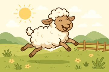 Cute cartoon sheep jumping for joy in a sunny field. Happy lamb frolicking in a summer pasture. Farm animal vector illustration for children. Cheerful character in a rural landscape.