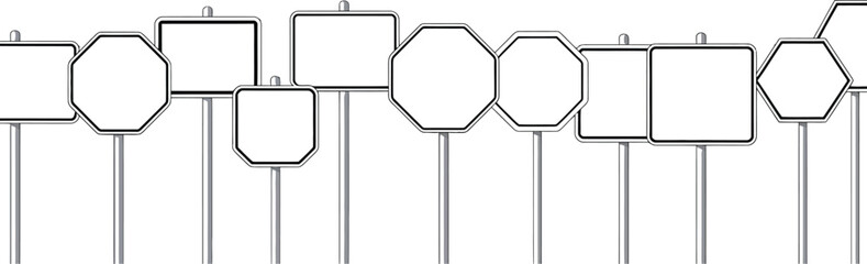 Obraz premium A collection of various blank signs on poles with different shapes against a white background space above