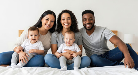 Happy mixed-race modern family portrait. Lesbian couple and black man with twin babies smiling on bed. Concept of love, diversity, parenthood, co-parenting and lgbtq family.