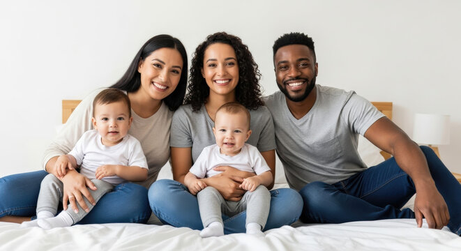 Happy mixed-race modern family portrait. Lesbian couple and black man with twin babies smiling on bed. Concept of love, diversity, parenthood, co-parenting and lgbtq family.