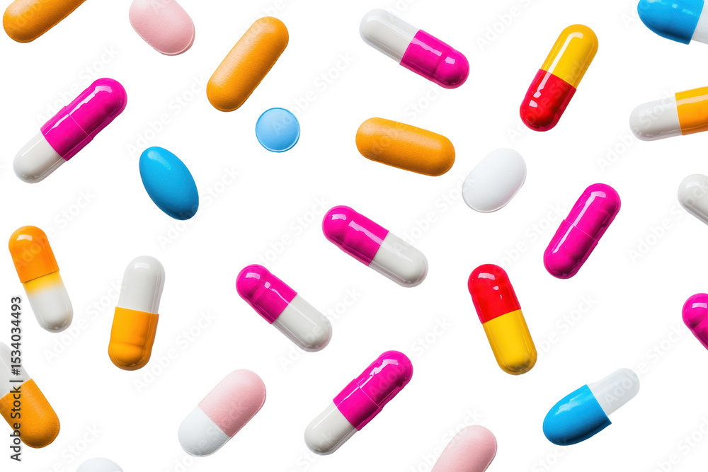 Poster scattered collection of colorful capsules on a white surface showcasing various shapes and sizes for
