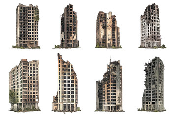 Ruined skyscrapers stand isolated on a transparent background, showcasing architectural decay and nature's reclamation of urban structures