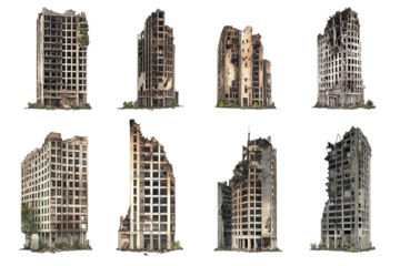 Ruined skyscrapers stand isolated on a transparent background, showcasing architectural decay and nature's reclamation of urban structures