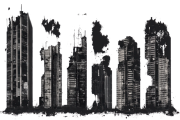 Ruins of skyscrapers stand isolated against a transparent background revealing the impact of time and nature on urban landscapes
