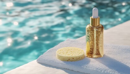 Luxurious Skincare Symbolized By Golden Cosmetic Serum And Vitamin-Infused Sponge Beside Rippling Turquoise Pool Water On White Towel.