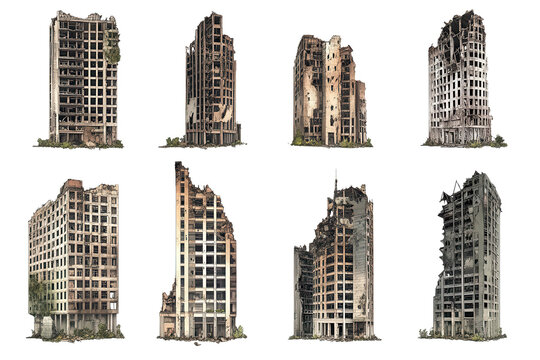 Ruined skyscrapers stand isolated on a transparent background, showcasing architectural decay and nature's reclamation of urban structures
