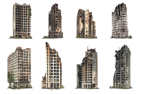 Ruined skyscrapers stand isolated on a transparent background, showcasing architectural decay and nature's reclamation of urban structures