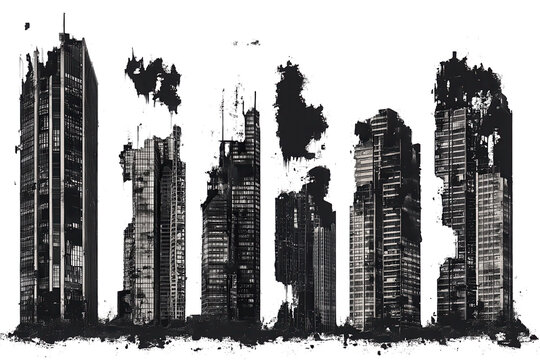 Ruins of skyscrapers stand isolated against a transparent background revealing the impact of time and nature on urban landscapes