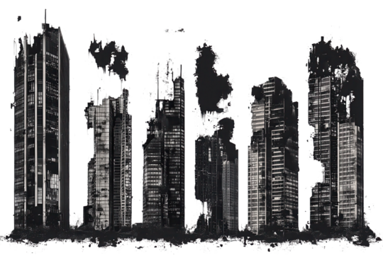 Ruins of skyscrapers stand isolated against a transparent background revealing the impact of time and nature on urban landscapes