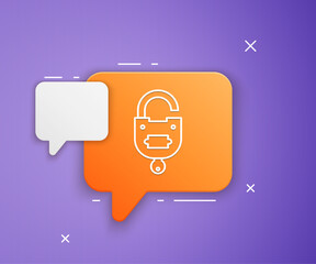 White Lock and key icon isolated on purple background. Padlock sign. Security, safety, protection, privacy concept. Orange speech bubble symbol. Vector