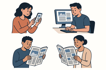 Media consumption set. People reading news on different devices. Characters using smartphone, computer and reading newspaper. Digital versus traditional media. Information access.