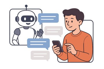 Man chatting with an AI chatbot on a smartphone. Person interacting with a virtual assistant robot. Concept of customer service, online support, modern technology, and automation.