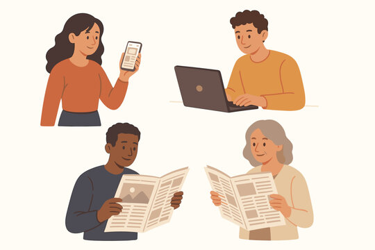 Set of diverse people consuming media. Man on laptop, woman with smartphone, seniors reading newspapers. Concept of news, information, technology and generation gap vector.