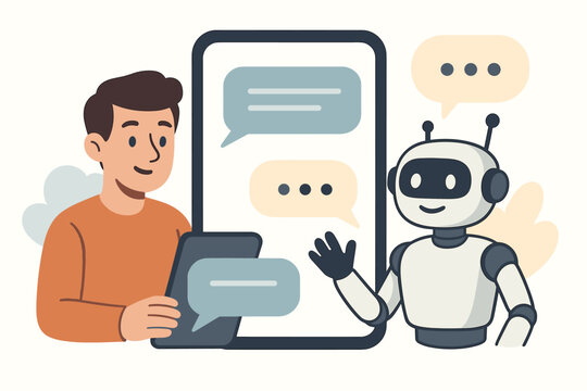 Man chatting with AI chatbot on smartphone for customer service. User interacts with a friendly robot assistant. Artificial intelligence, virtual help and online tech support concept.