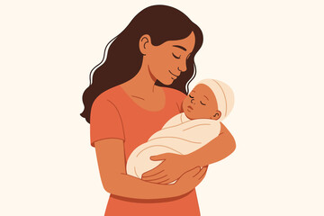 Loving mother holding her sleeping newborn baby in her arms. Gentle maternal embrace and unconditional love. Motherhood, maternity, childcare and parenthood vector illustration.