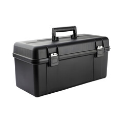 Side view of black plastic tool box isolated on a transparent background