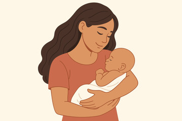 Young mother gently holding her sleeping newborn baby in her arms. Mother's Day concept. Illustration of maternal love, tenderness, childcare, and happy peaceful motherhood.