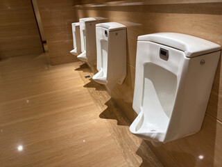White ceramic urinal cake, modern bathroom interior, Public toilet men, automatic toilet bowl, ceramic urinal. Public place