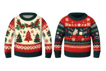 Seasonal set of three Christmas ugly sweaters featuring festive designs with snowmen, trees, and holiday patterns isolated against a clean background for winter wear
