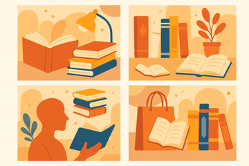 Book festival and literature concept illustration set. Collection of four scenes about reading, education, and knowledge. Person reading, library bookshelf, study desk, bookstore.