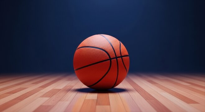 Orange basketball on a polished wooden court floor with dark background