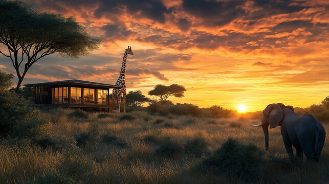 Fototapeta Peaceful safari sunset with a cozy lodge, giraffe, and rhino on the vast savannah.