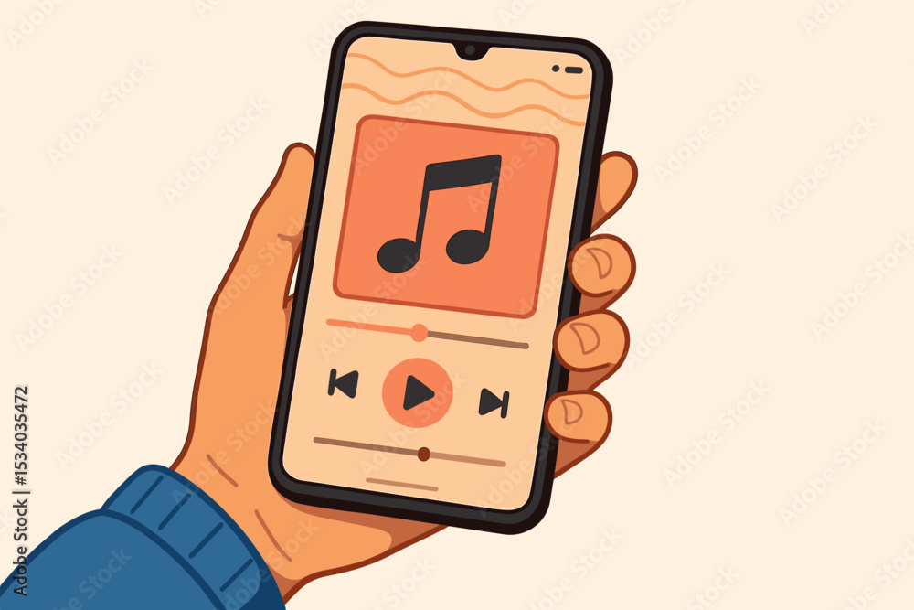 Poster hand holding smartphone with music streaming app. user interface with song playlist on mobile screen