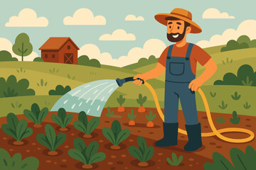 Happy farmer watering a vegetable garden with a hose. Man cultivating organic crops on a farm. Agricultural worker irrigating plants. Rural landscape with red barn illustration.