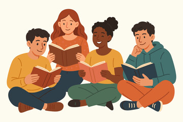 Diverse group of young friends in a book club, sitting together and reading books. Flat vector illustration concept for education, community, hobby, literature, and learning.